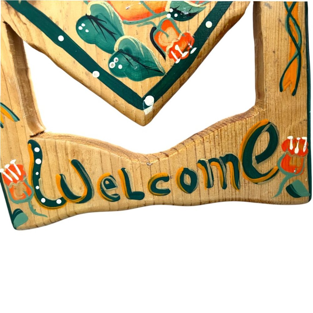 Vintage Folk Art Welcome Sign | Hand Painted Pumpkin Wall Decor with Hanger - Picture 5 of 10